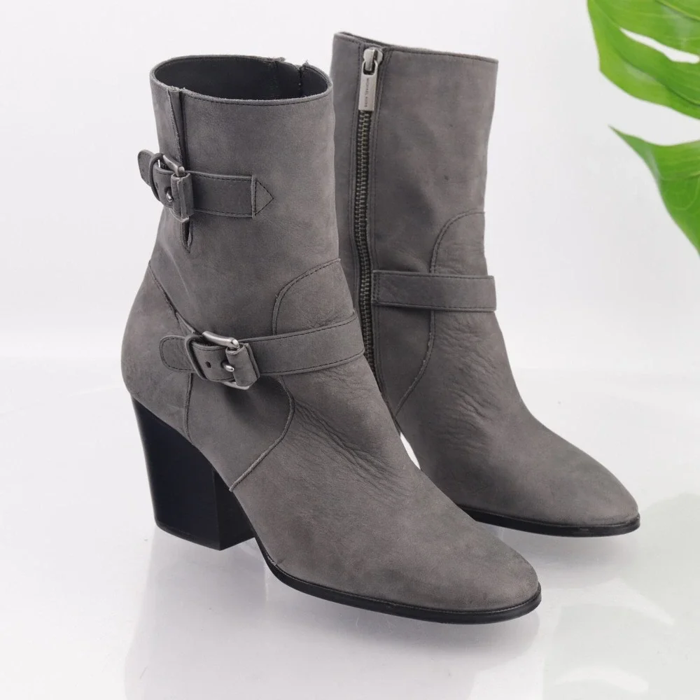 Michael Kors Womens Ashton Boots Size 7.5 Gray Leather Block Heel Bootie Buckles